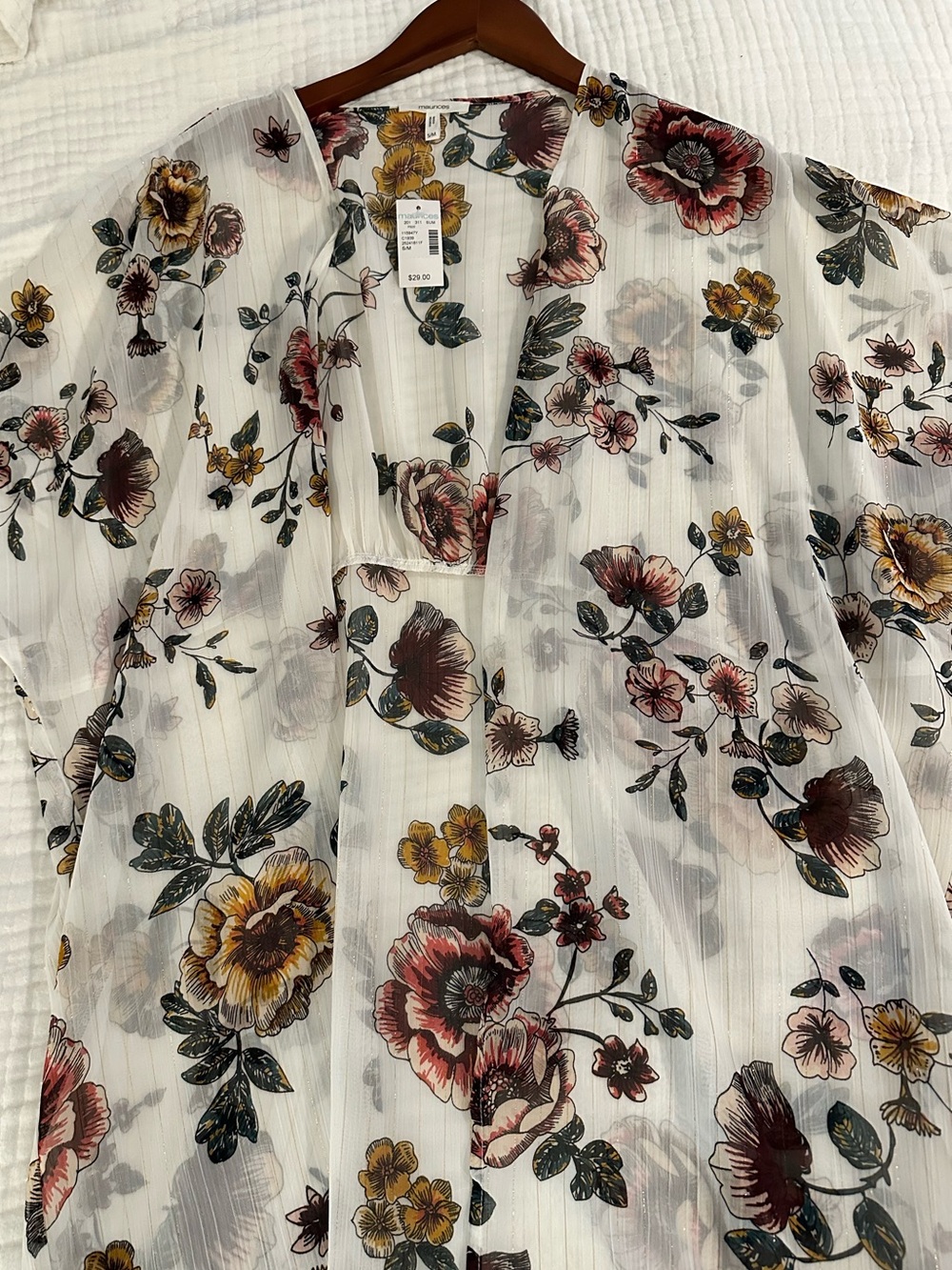 Maurices White Floral Sheer Kimono NWT